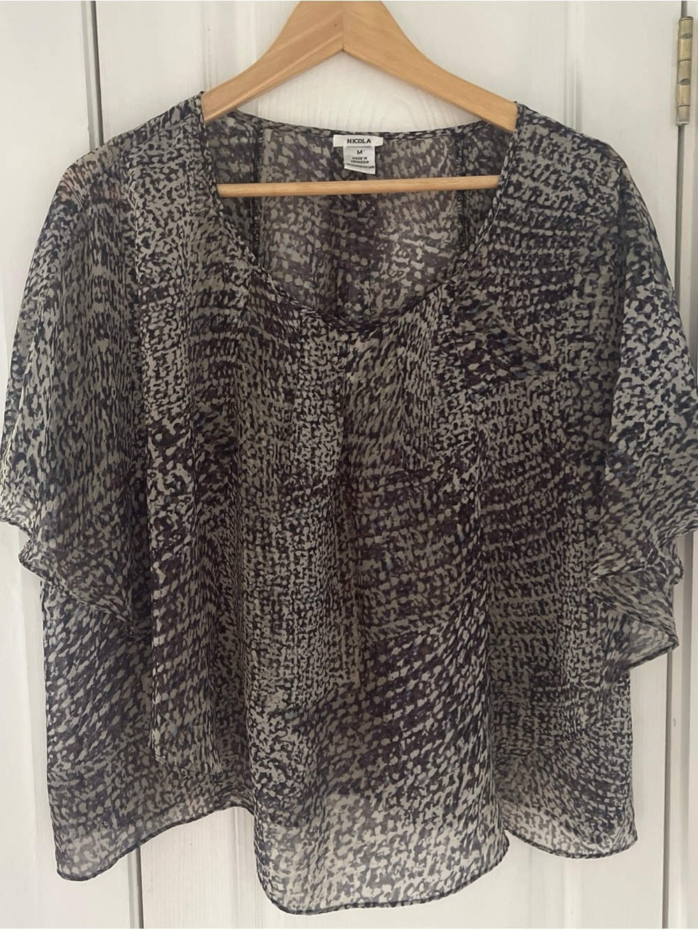NICOLA Sheer Scoop Neck Flutter Sleeve Top in Black and White Print